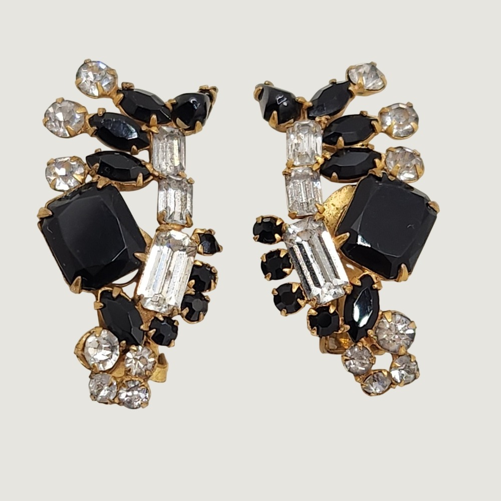Schreiner Vintage Black Clear Rhinestone Clip On Earrings Hollywood Regency